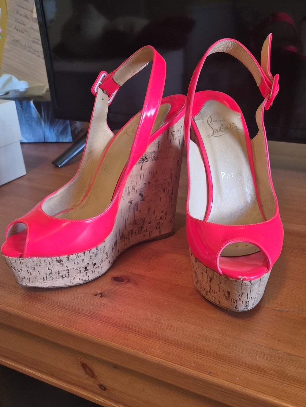 Christian Louboutin Neon Pink/Orange Patent Cork Wedge Peep-Toe Slingbacks